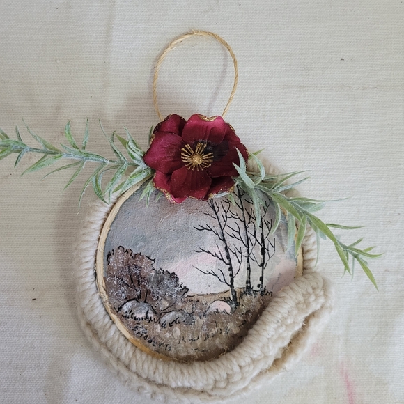 Christmas Ornament Hand Painted Macrame Upcycled - Picture 2 of 5